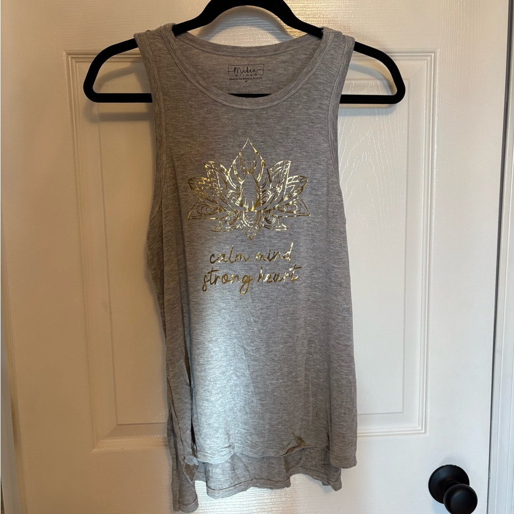 Miken Gray Yoga Tank Top with Gold Lotus Design